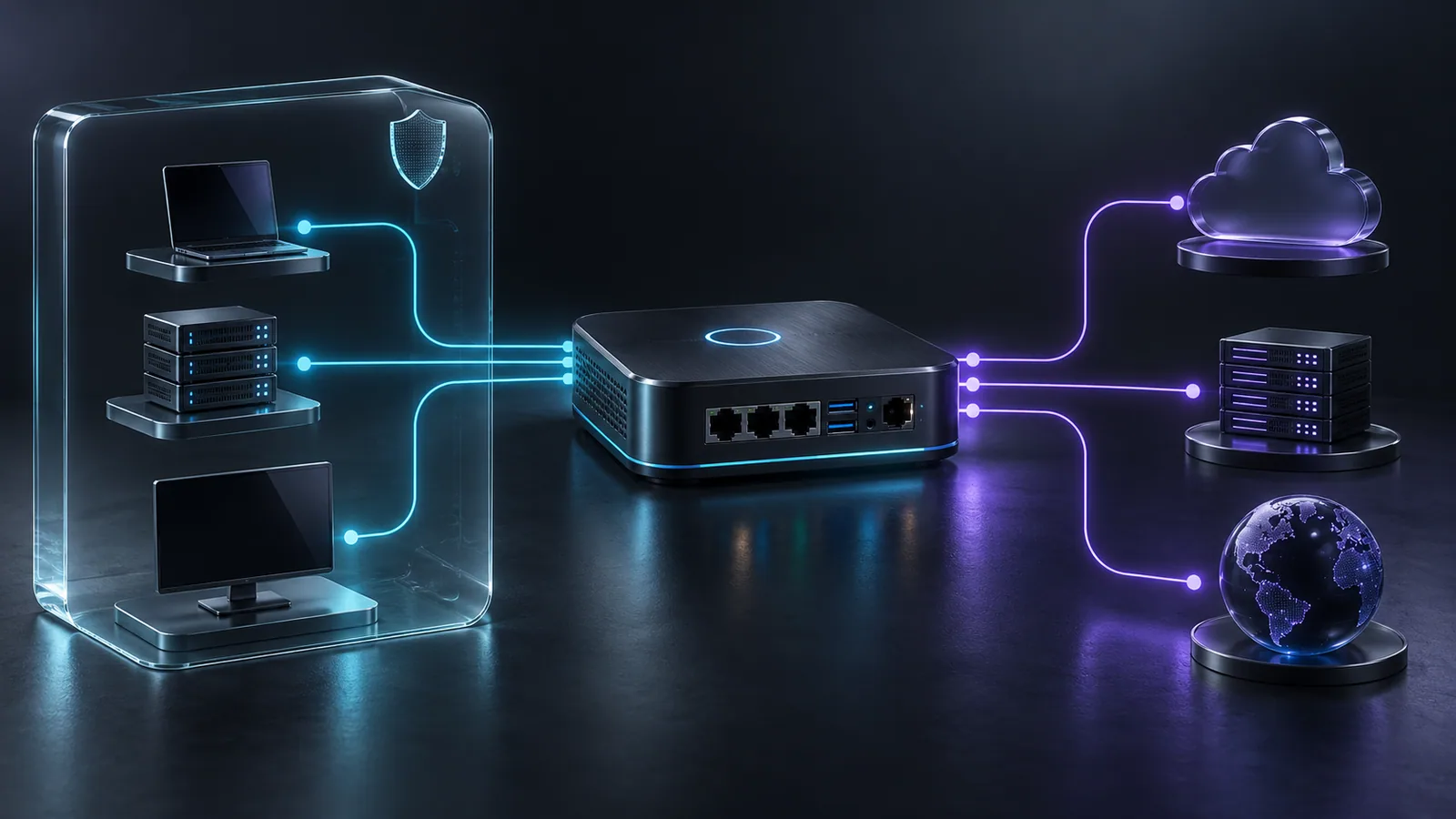 Conceptual cover for Network Monitor: ports and firewall visibility in DockLab.