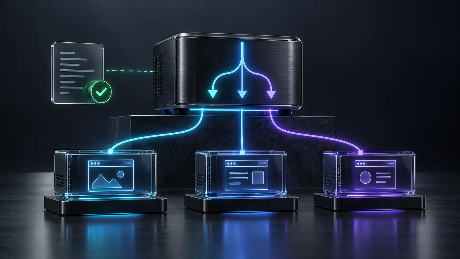 Conceptual cover for Nginx Manager: nginx sites and reverse proxies in DockLab.
